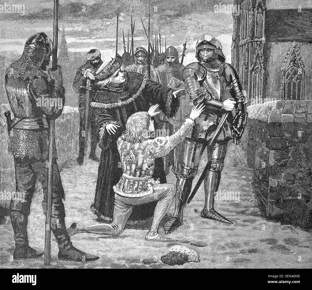 Incisione di Edmund conte di Rutland che lasciò a Lord Clifford la vita dopo la battaglia di Wakefield nel 1460 da una Histo del XIX secolo Foto Stock