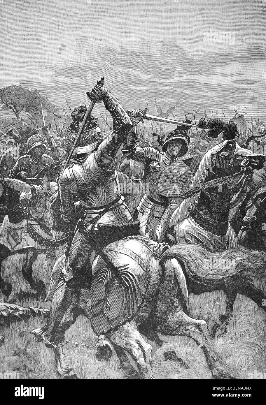 Incisione di re Riccardo III nella battaglia di Bosworth nel 1485, dove il re fu ucciso e la battaglia pose fine alla Guerra delle Rose a partire dal XIX secolo Foto Stock