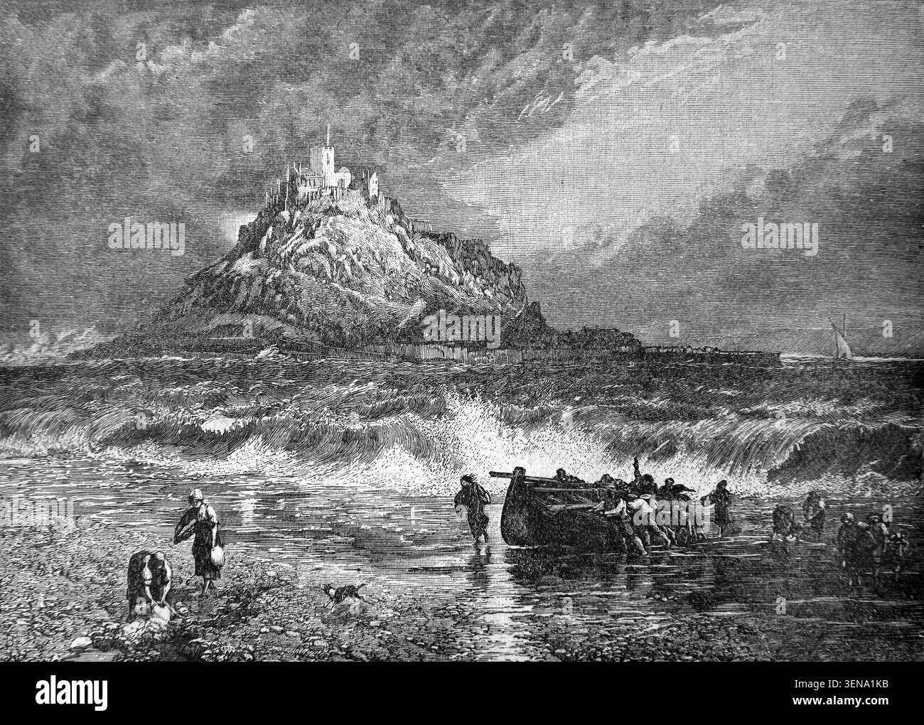 Incisione di St Michael's Mount Cornwall England from a 19th Century History Book Cassell's History of England Special Edition volume II di A.W.Cowan Foto Stock
