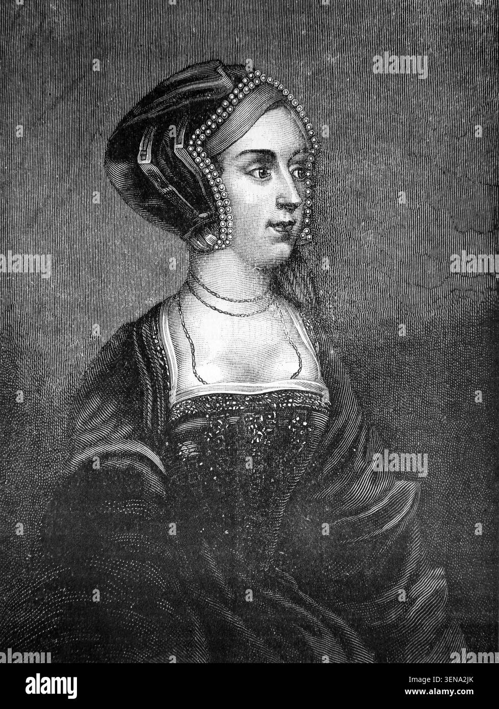 Incisione di un Ritratto di Anna Bolena 1501?7-1536 dopo il Ritratto di Holbein da un libro di storia del XIX secolo Cassell's History of England Special Foto Stock