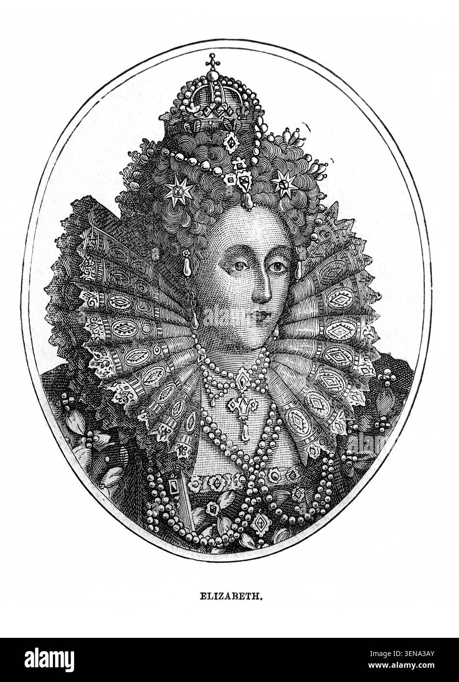 Ritratto della regina Elisabetta i 1533-1603 da un ritratto di Isaaac Oliver da un libro di storia del XIX secolo Cassell's History of England Special Edition Foto Stock