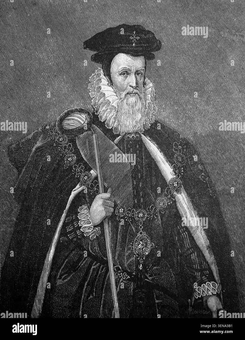 Illustrazione di William Cecil Lord Burleigh (barone Burghley) 1520-1598 consigliere capo della regina Elisabetta i da un libro di storia del XIX secolo Cassell's H Foto Stock