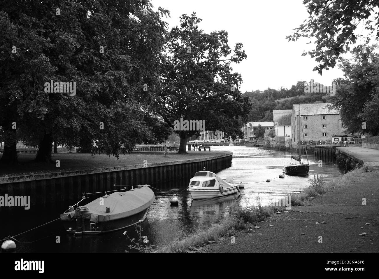 Piccole imbarcazioni ormeggiate sul fiume Dart a Totnes, South Devon, Inghilterra, Regno Unito. Fotografia in bianco e nero. Foto Stock