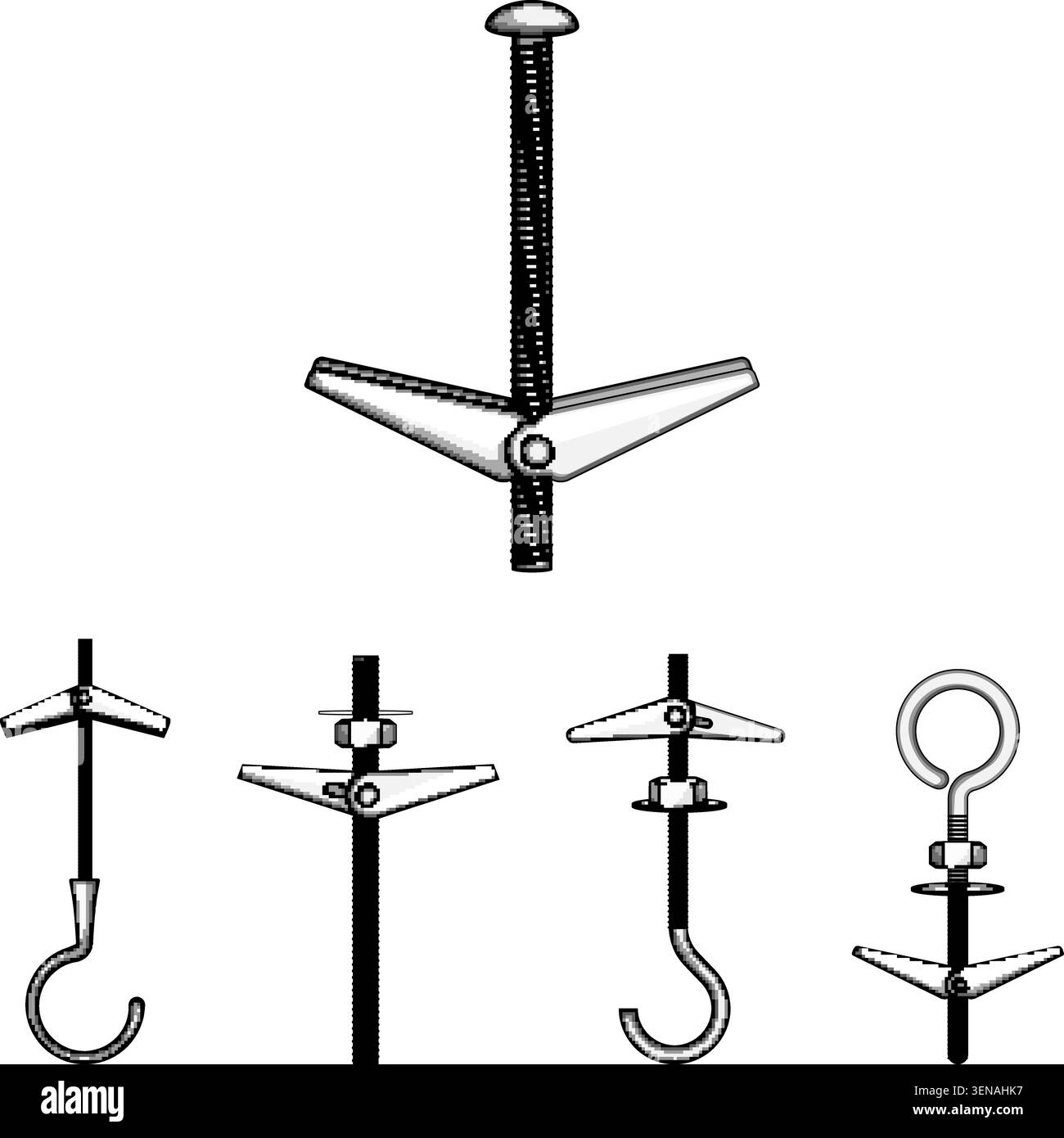 Dispositivi di fissaggio con vari design, tra cui levette a molla, golfari e bulloni a gancio, che forniscono soluzioni di fissaggio sicure per appendere oggetti su holl Illustrazione Vettoriale