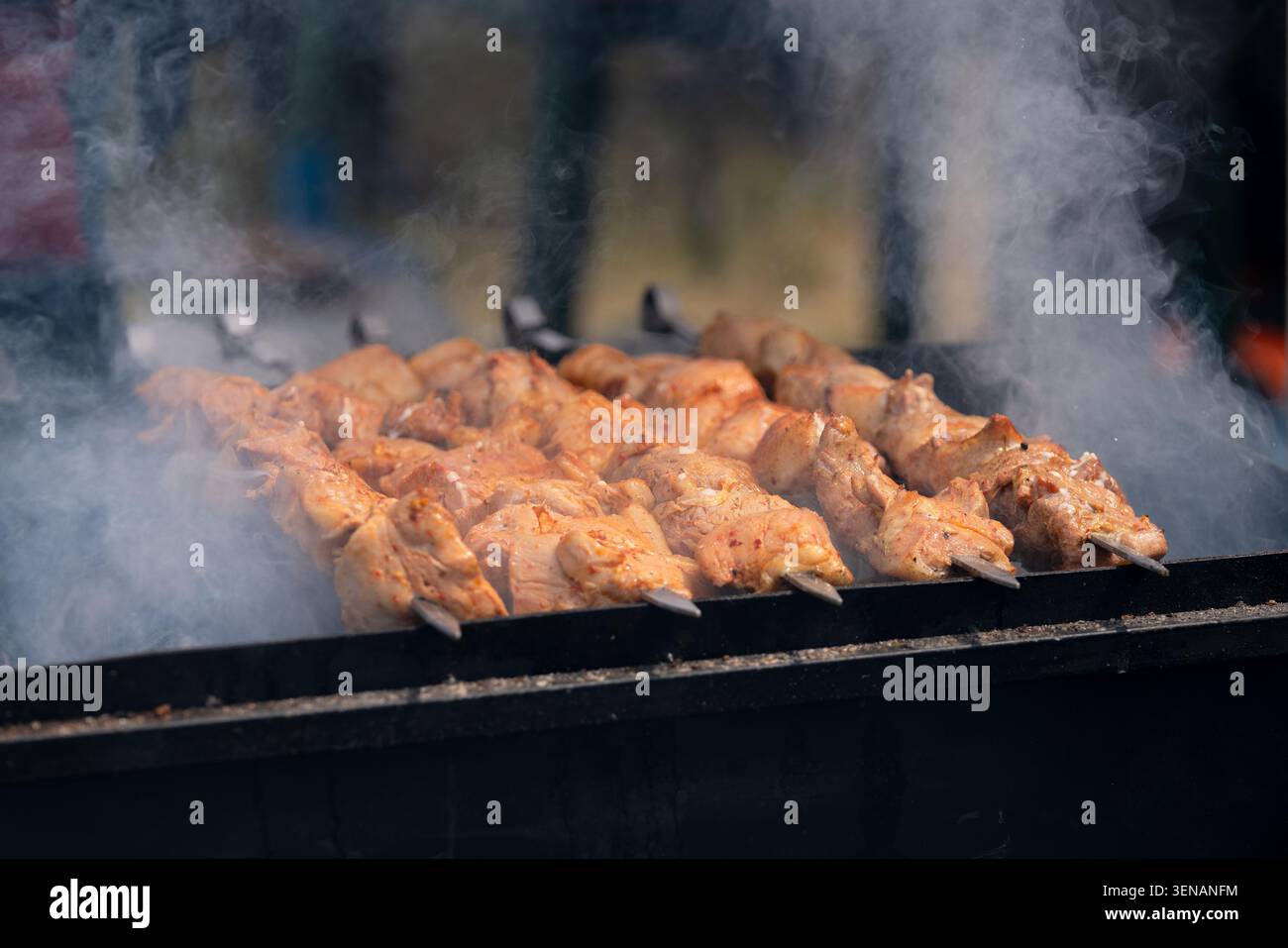 Primo piano di carne condita su spiedini di metallo grigliati su carbone caldo su un grill nero mangal, con fumo bianco spessa che si diffonde durante una festa all'aperto Foto Stock