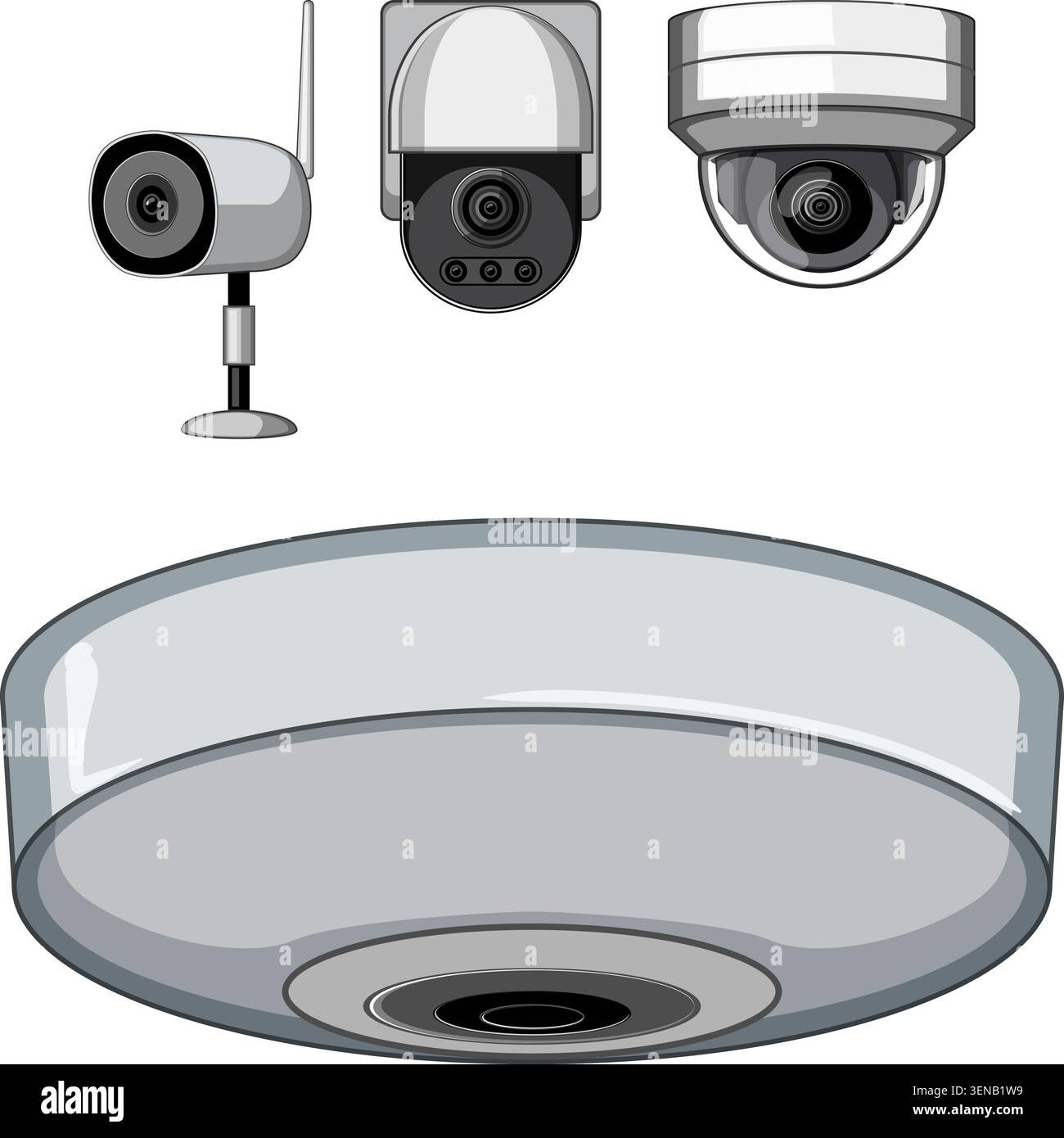 Raccolta di telecamere di sicurezza con protocollo Internet, inclusi i tipi a cupola e proiettili, che illustrano la tecnologia di monitoraggio avanzata per proteggere la proprietà Illustrazione Vettoriale