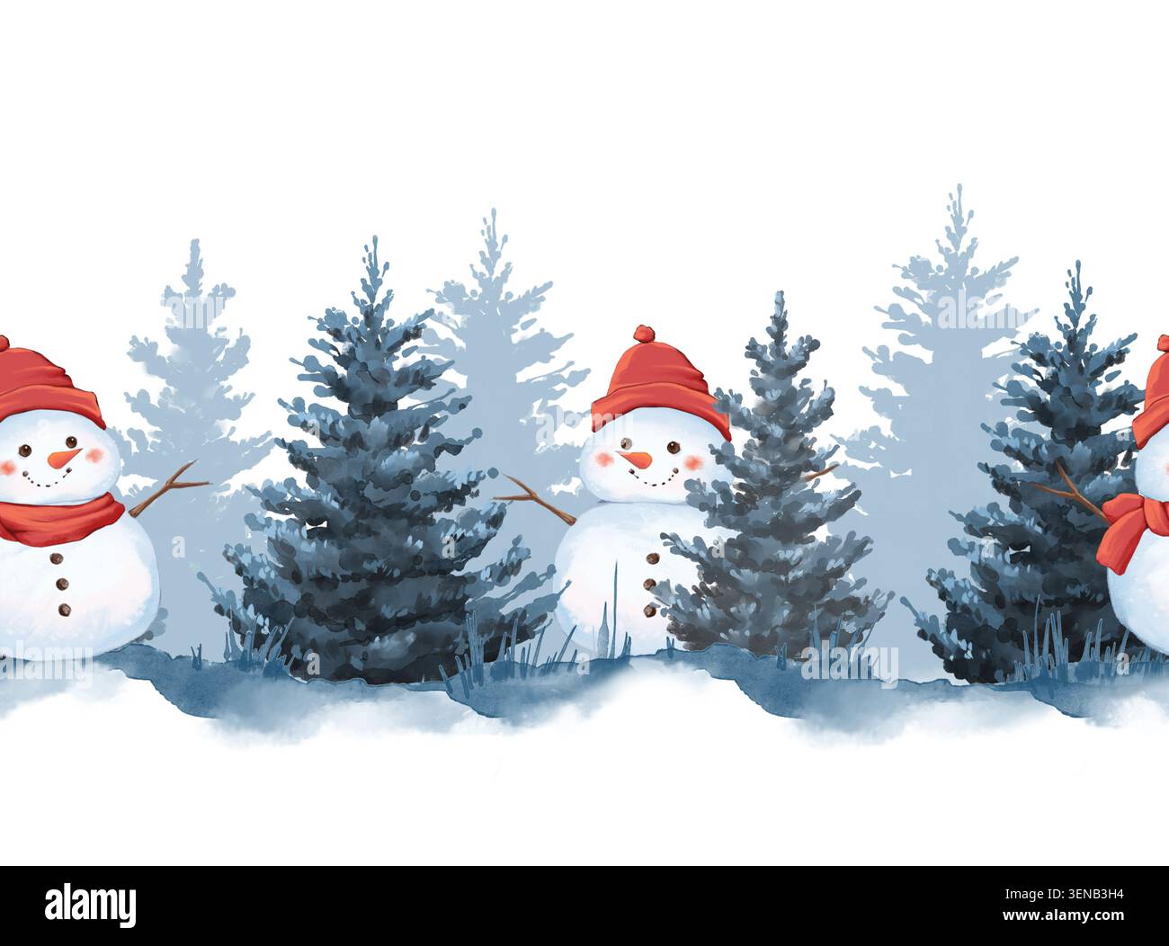 Pupazzo di neve invernale disegnato a mano bordo orizzontale senza cuciture Foto Stock