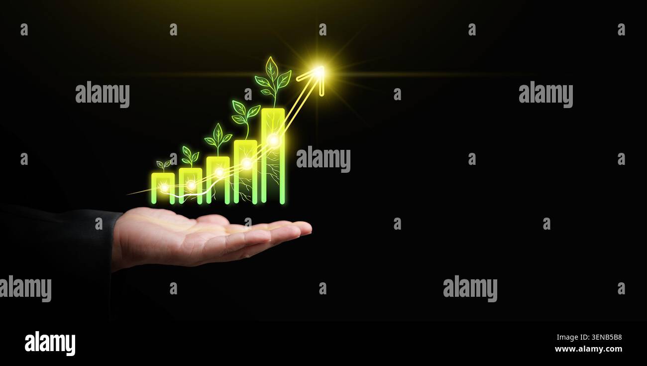 Mano che tiene il grafico di crescita verde, le piante germoglianti, la linea di tendenza in aumento e la freccia verso l'alto. Crescita sostenibile, prestazioni ESG, investimenti ecologici, ambiente Foto Stock