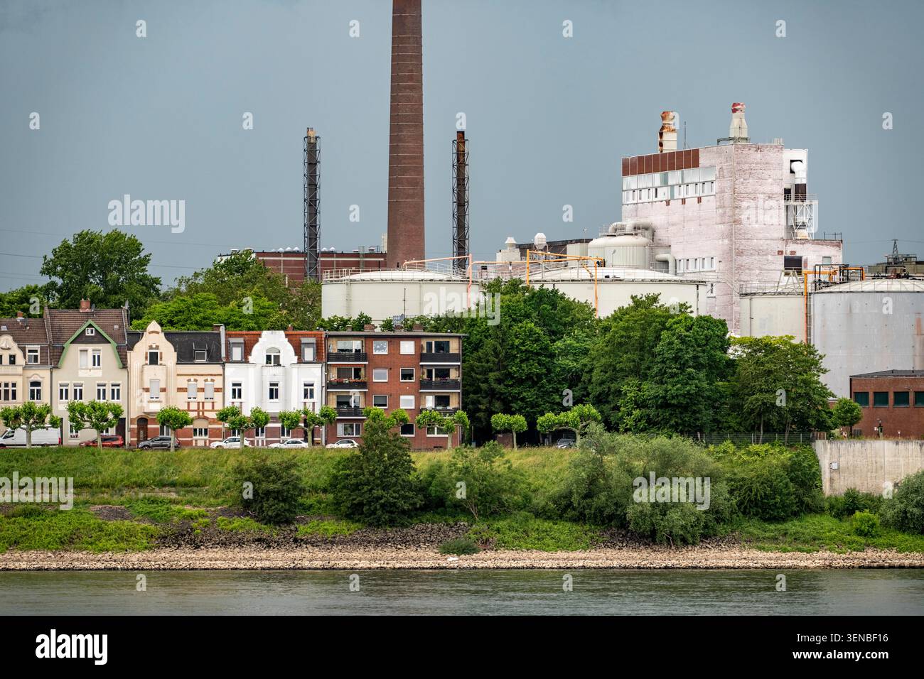 Edifici residenziali sul Reno vicino a Duisburg-Homberg, a Wilhelmallee, con l'ex stabilimento chimico Venator alle spalle; dal febbraio 2026, esso Foto Stock
