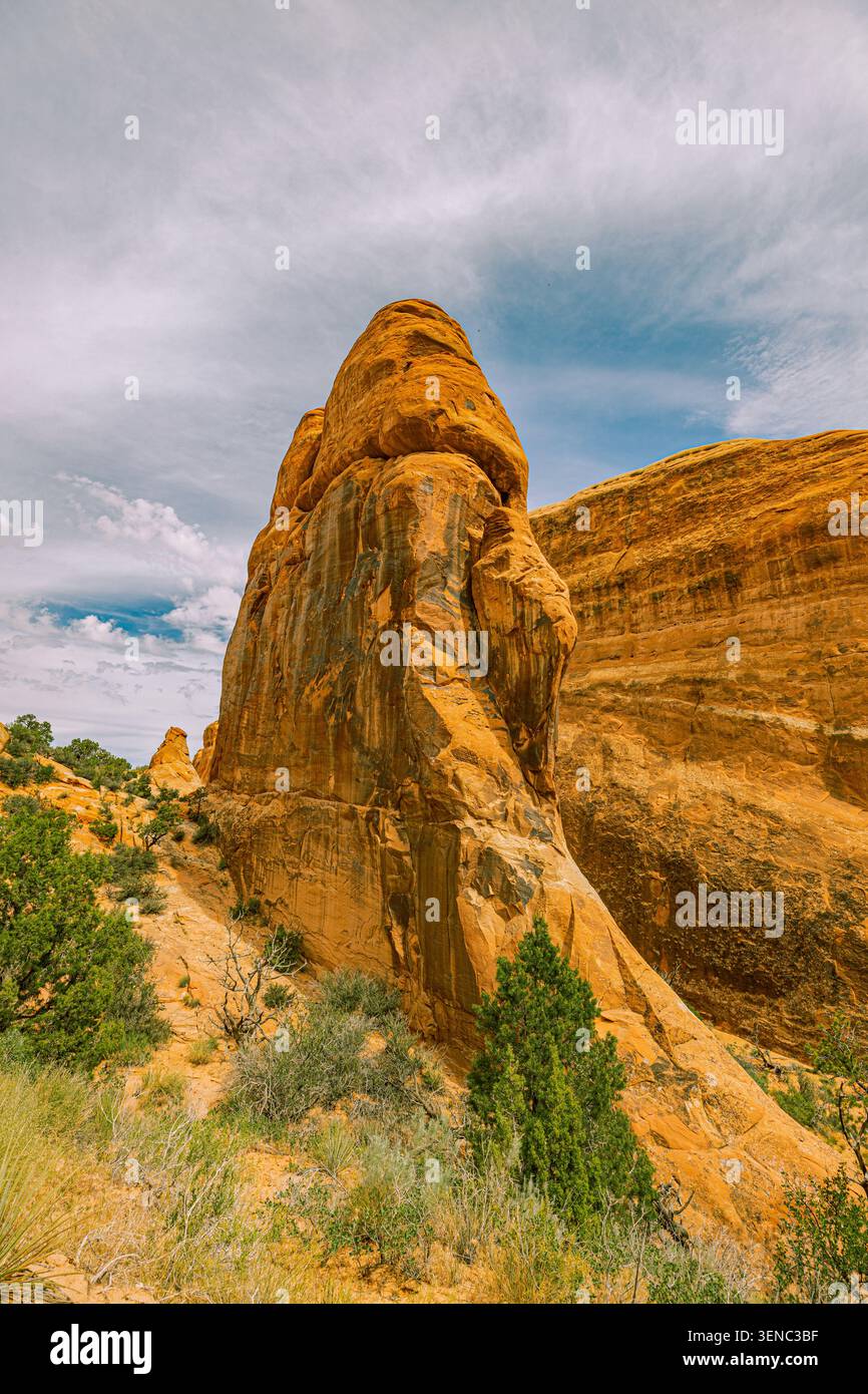 Alta torre isolata di arenaria arancione che si innalza sopra la macchia del deserto e la macchia di sabbia sotto un cielo parzialmente nuvoloso, Devils Garden, Arches National Park, Utah. Foto Stock
