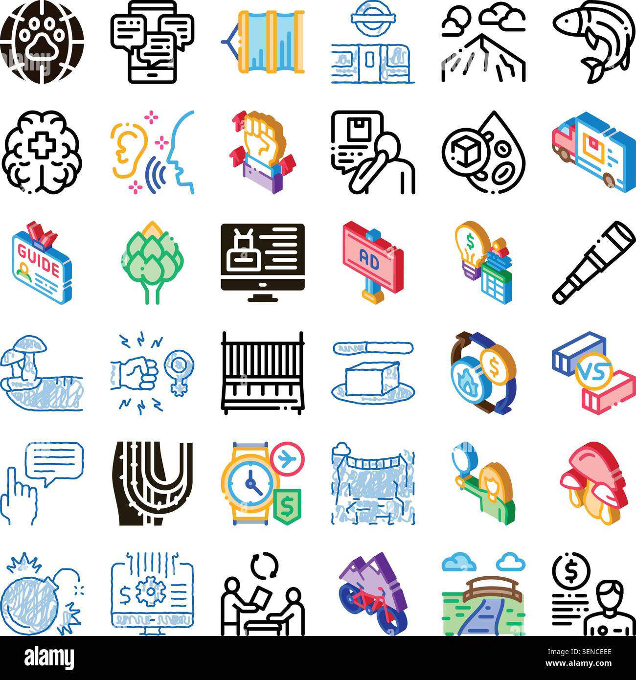 Set di icone colorate delineate che raffigurano attività, comunicazione, medicina, cibo, trasporti, natura e concetti sociali raccolta vettoriale versatile per informazioni Illustrazione Vettoriale