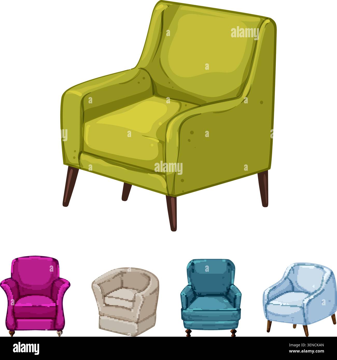 Poltrone con stili e colori diversi disposte in una collezione, che illustrano le opzioni di arredamento per ambienti residenziali e modalità confortevoli Illustrazione Vettoriale