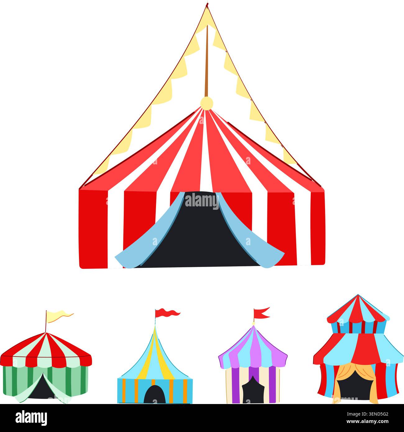 Collezione di varie tende di carnevale a righe dai colori vivaci, che forniscono un'illustrazione divertente e stravagante per intrattenimento, eventi e temi festivi Illustrazione Vettoriale