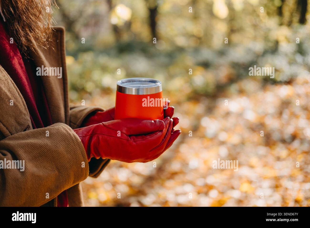 La persona tiene in mano il contenitore per bevande riutilizzabile mentre è in piedi nella foresta. Accogliente bevanda calda all'aperto, marketing stagionale in periodo di transizione invernale, caldo Foto Stock