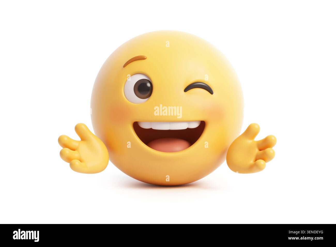 rendering 3d di un'emoticon felice con bocca aperta, occhio strisciante e mani aperte estese in un gesto accogliente. Foto Stock