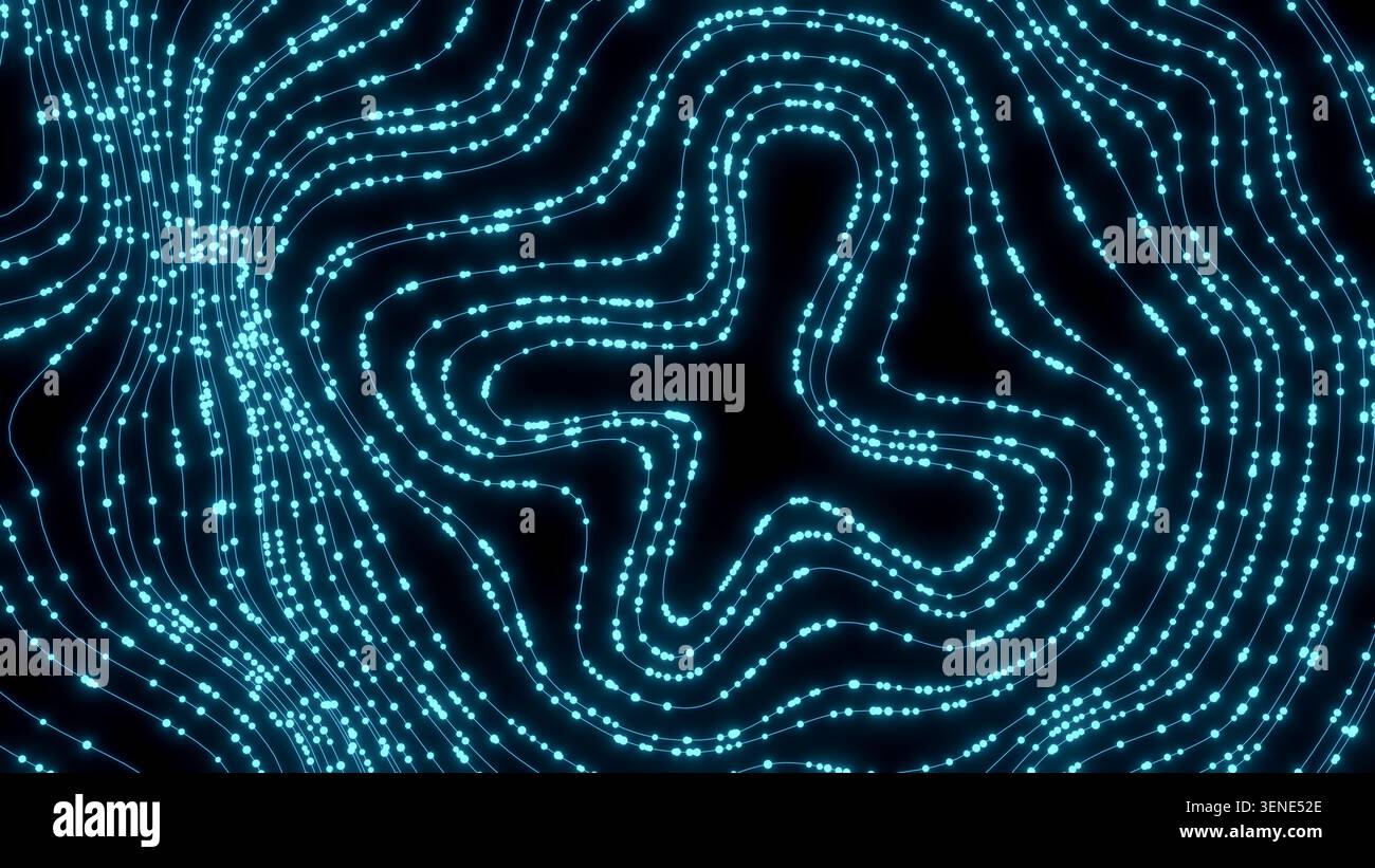 Flusso di dati sulle particelle astratte lungo la traiettoria curva con movimento digitale dinamico ed energia di rete Foto Stock