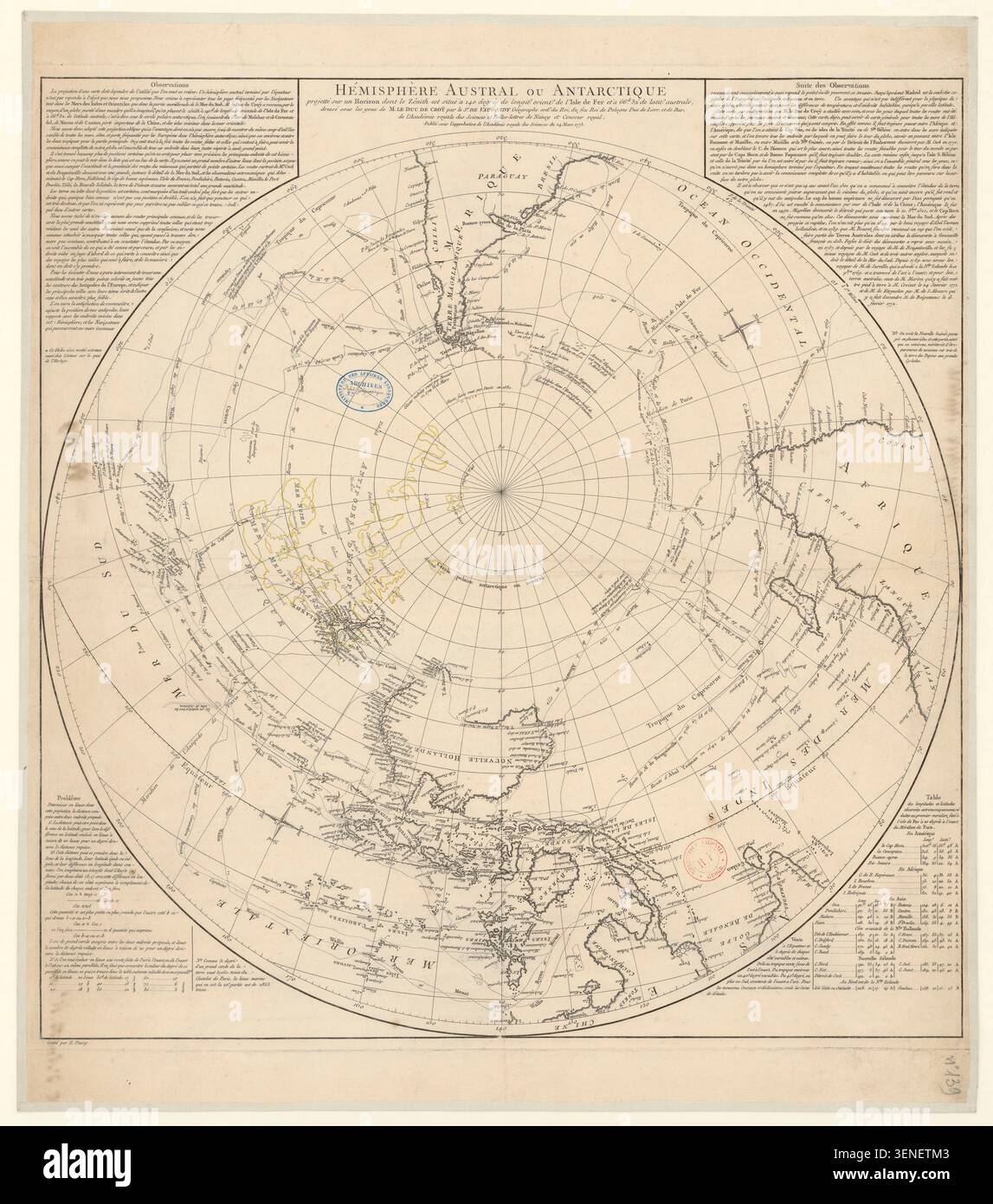 Una mappa incisa di Robert de Vaugondy datata 1773 presenta l'emisfero australe e le regioni antartiche su un orizzonte proiettato centrato su specifiche coordinate di longitudine orientale e latitudine meridionale. Foto Stock