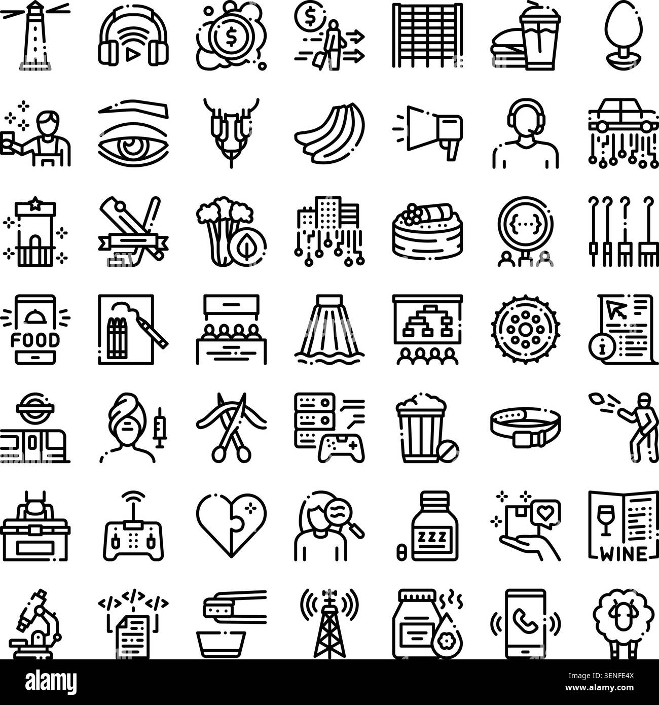 Raccolta di pittogrammi di linee concettuali che illustrano un'ampia gamma di attività quotidiane, interessi e concetti di vita moderna per il design digitale e. Illustrazione Vettoriale