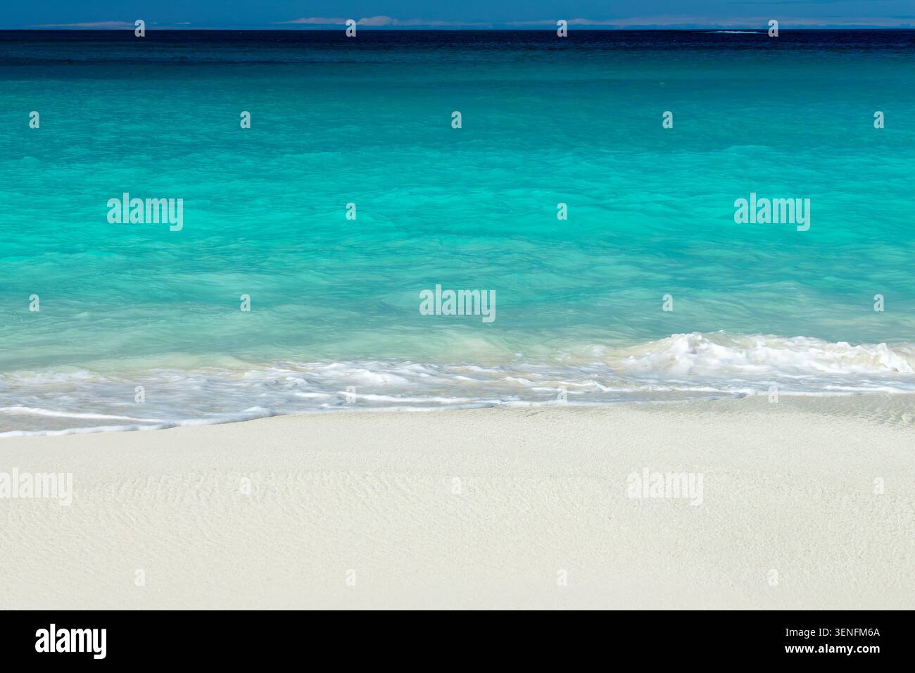 Vista frontale dell'acqua blu trasparente e della sabbia bianca perfetta nella spiaggia di Shoal Bay, sfondo da sogno caraibico nell'isola di Anguilla, nelle Indie occidentali britanniche Foto Stock