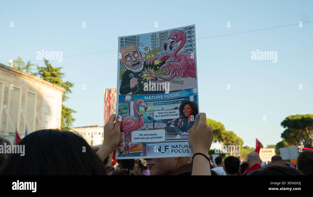 Un partecipante mostra un poster politico illustrato sopra la folla durante una protesta dell'opposizione. Foto Stock