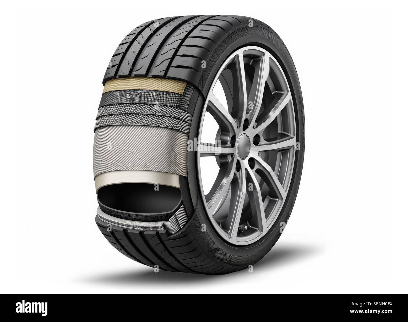 Rendering fotorealistico in sezione di uno pneumatico automobilistico che mostra la struttura interna dello pneumatico, gli strati rinforzati e il complessivo ruota isolato su sfondo bianco Foto Stock