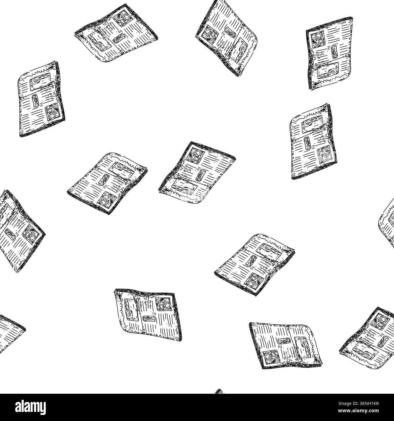 stampa a mano con motivo senza cuciture. stampa antica, titolo periodico, reportage cronaca retro vecchio giornale nero illustrazione Illustrazione Vettoriale