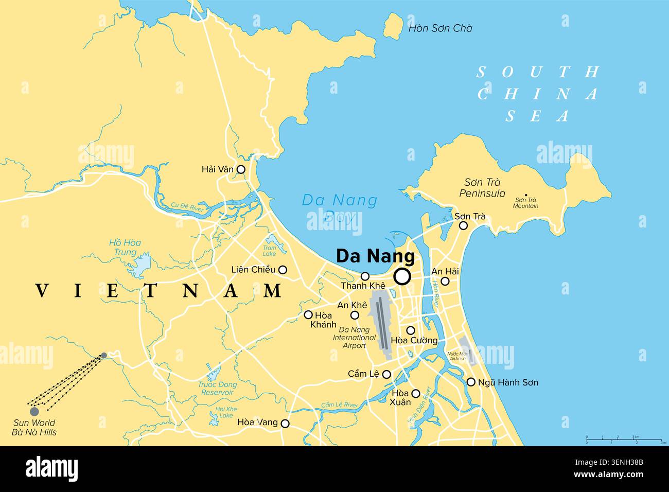 Da Nang, o Danang, mappa politica. Città portuale centrale del Vietnam, incorniciata dai Monti Truong Son e dal Mar Cinese meridionale, tagliata in due dal fiume Han. Foto Stock