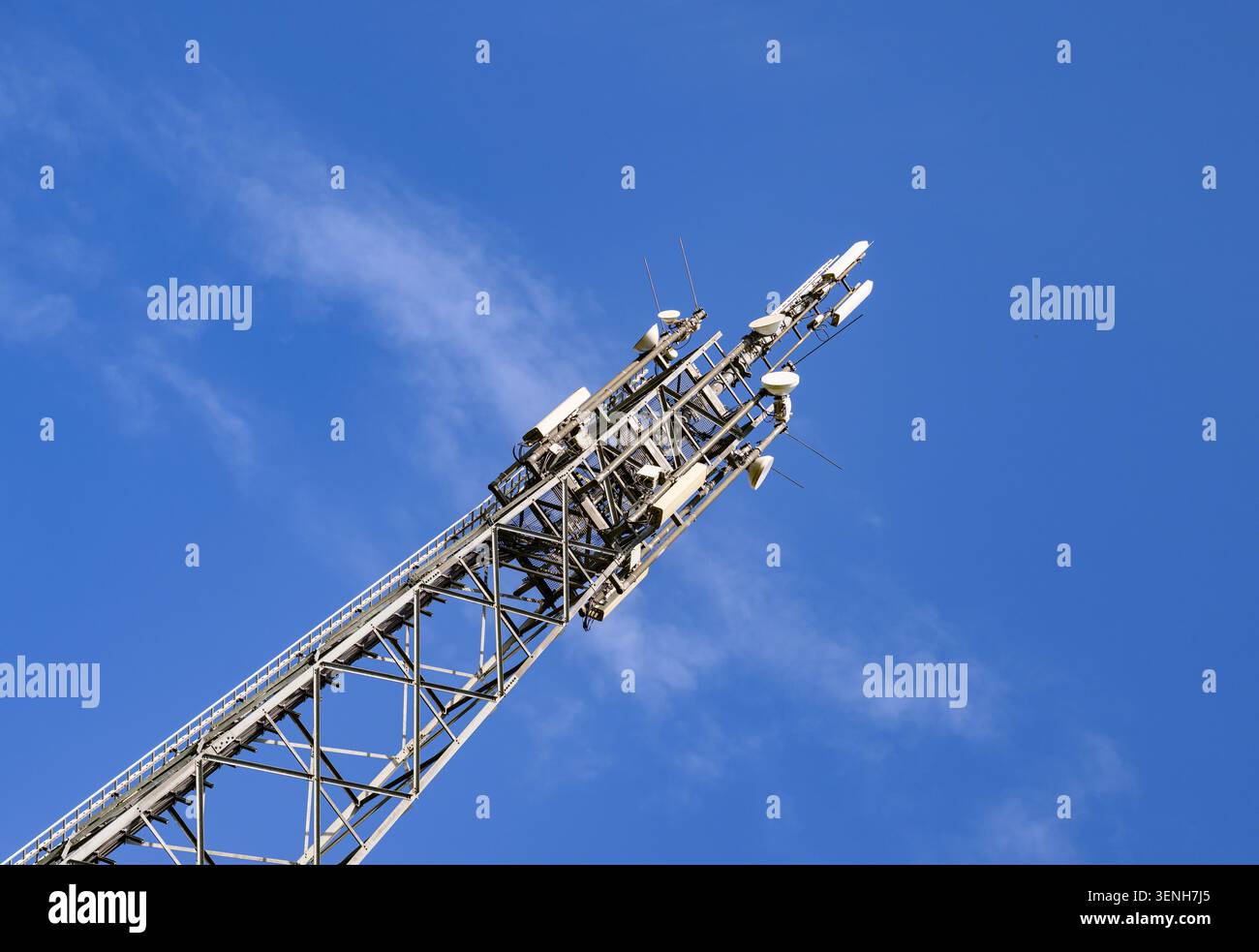 10 giugno 2026, Brandeburgo, Storkow: Le antenne di una torre cellulare si innalzano in alto contro un cielo blu leggermente nuvoloso. Le antenne a pannello verticale installate e le antenne satellitari rotonde garantiscono la copertura locale per le reti mobili di ultima generazione, come LTE e 5G.. Queste strutture, che rappresentano le pietre miliari dell'infrastruttura digitale, consentono la trasmissione dei dati wireless per milioni di utenti di smartphone nella loro vita quotidiana. L'espansione in corso di tali siti di rete è cruciale per gestire l'aumento dei tassi di trasmissione dati e colmare le lacune di copertura sia nelle aree urbane che rurali. Foto: Patrick Pleul/dpa Foto Stock