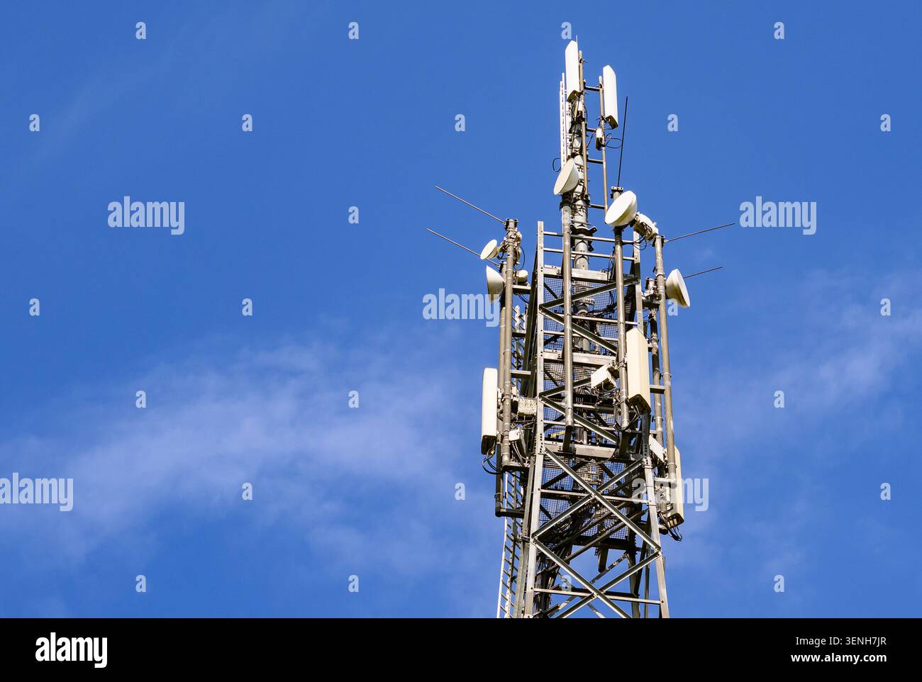 10 giugno 2026, Brandeburgo, Storkow: Le antenne di una torre cellulare si innalzano in alto contro un cielo blu leggermente nuvoloso. Le antenne a pannello verticale installate e le piastre a microonde rotonde garantiscono la copertura locale per le reti mobili di ultima generazione, come LTE e 5G.. Queste strutture, che rappresentano le pietre miliari dell'infrastruttura digitale, consentono la trasmissione dei dati wireless per milioni di utenti di smartphone nella loro vita quotidiana. L'espansione in corso di tali siti di rete è cruciale per gestire l'aumento dei tassi di trasmissione dati e colmare le lacune di copertura sia nelle aree urbane che rurali. Foto: Patrick Pleul/dpa Foto Stock