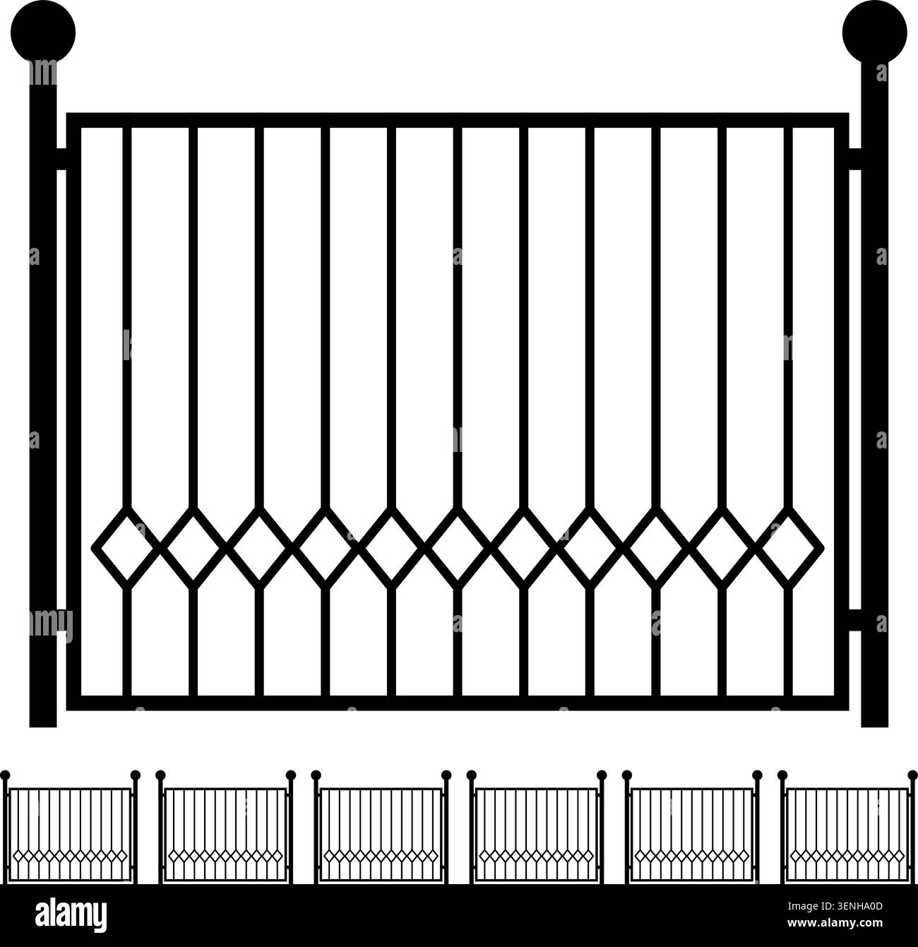 Silhouette nera di una sezione di una recinzione o di un cancello decorativo in metallo con barre verticali, un motivo a rombo nella parte inferiore e finiture a sfera sui pali Illustrazione Vettoriale