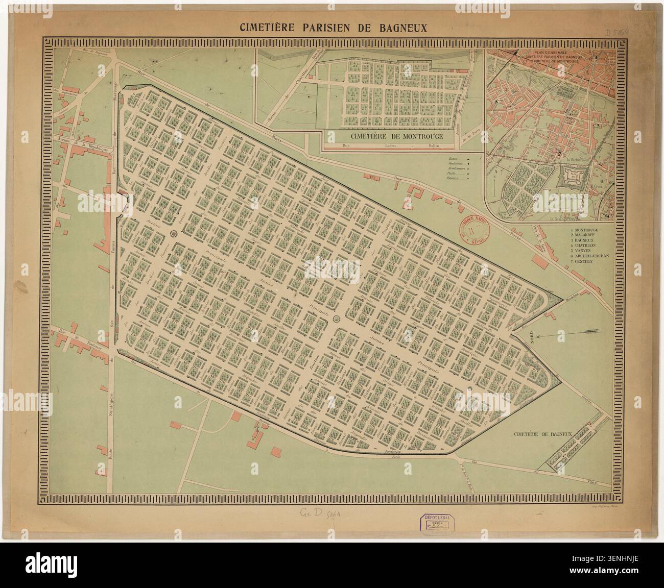 Una mappa incisa datata 1905 presenta il cimitero parigino di Bagneux e mette in relazione i terreni di sepoltura che servono l'area di Bagneux e la vicina Montrouge, documentando il sito del cimitero e i suoi dintorni. Foto Stock