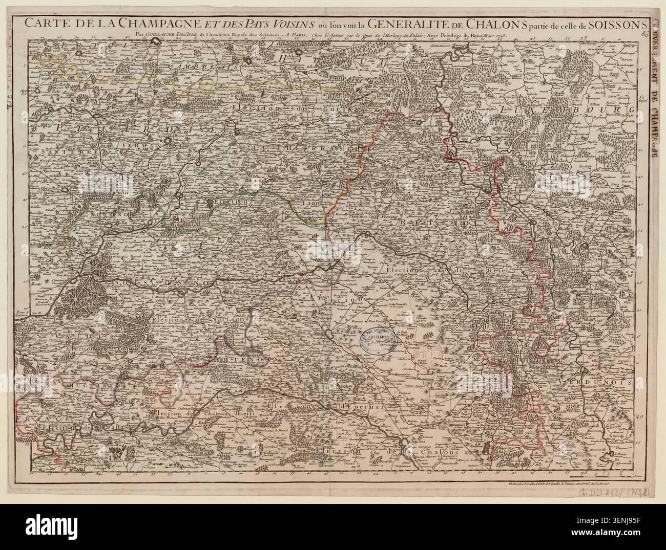 Delisle pubblica una mappa incisa del 1713 dello Champagne e dei territori limitrofi, identificando la generalità di Châlons e parte della generalità di Soissons insieme a elezioni, province e regioni limitrofe. Foto Stock