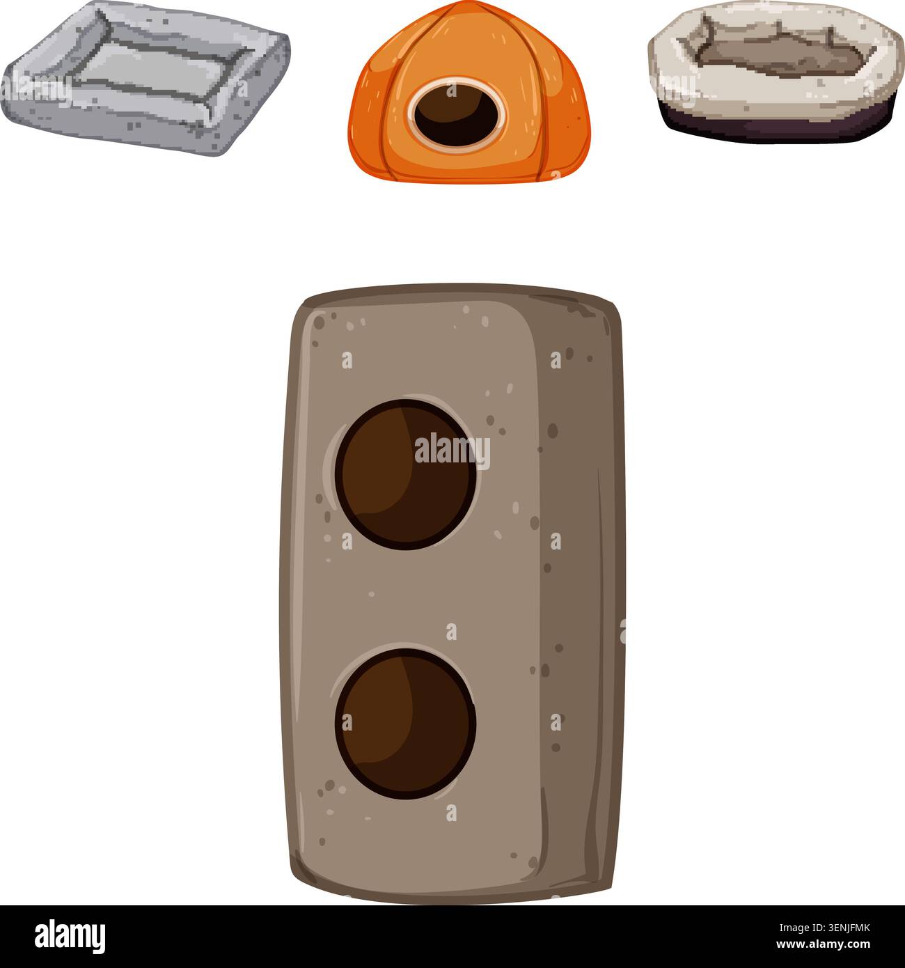 Accessori per animali domestici, tra cui morbidi letti, una tenda per dormire confortevole e una struttura multilivello per attività che offre comfort e impegno ai compagni domestici Illustrazione Vettoriale