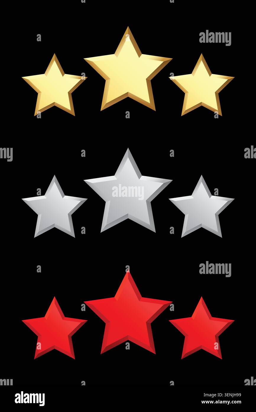 Set di tre stelle di categoria oro rosso argento collezione 3d stelle pulite icone geometriche a stella che rappresentano recensione, feedback, qualità e classifica. Isolata o Illustrazione Vettoriale