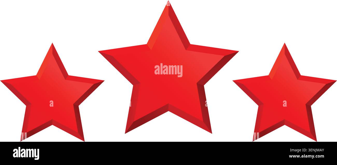Valutazione di tre stelle rosse impostata in stile 3D. Icone geometriche a stella pulite che rappresentano la revisione, il feedback, la qualità e la classificazione. Isolato su trasparente Illustrazione Vettoriale