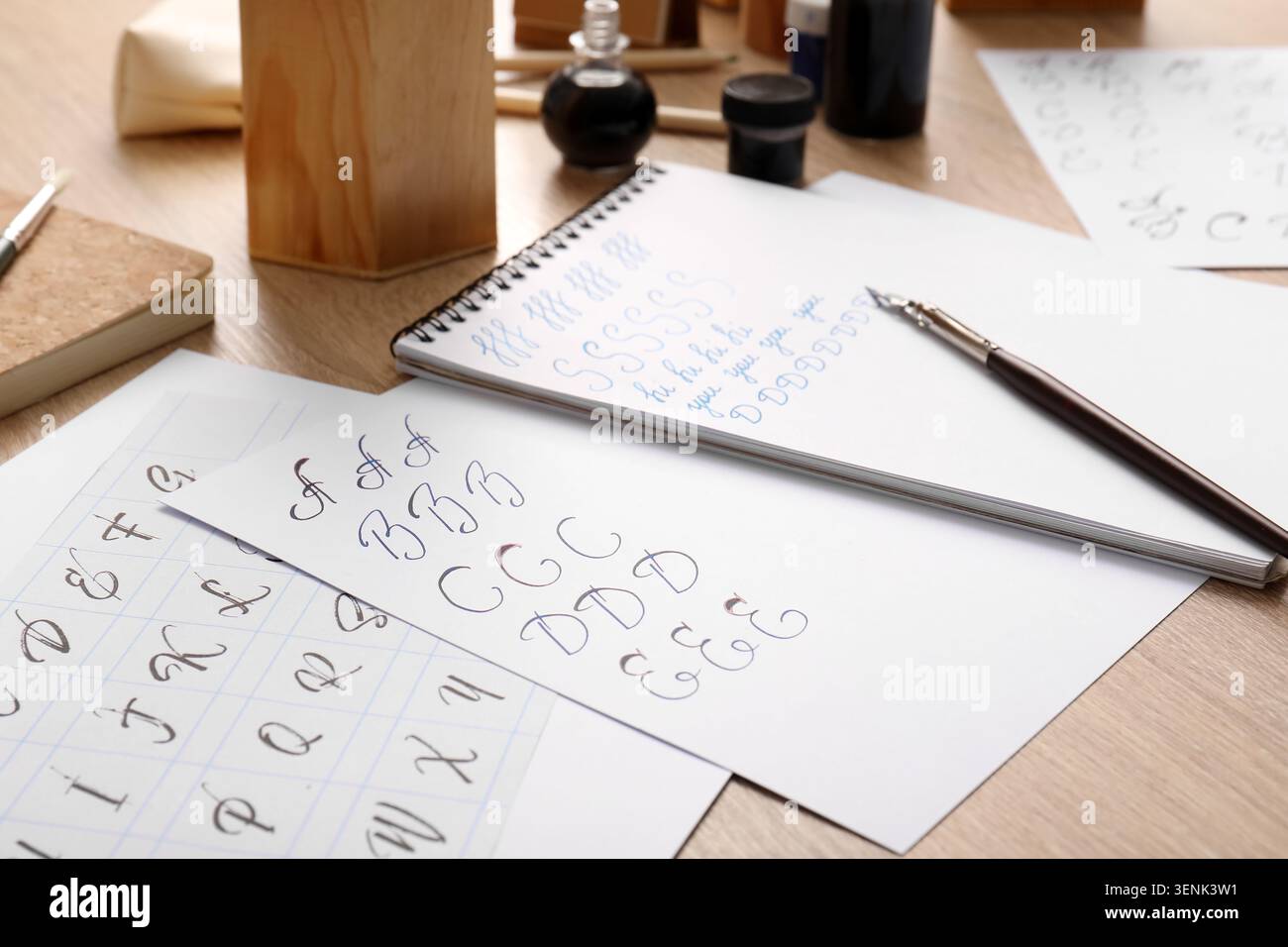 Pratica calligrafica con inchiostro e penna sulla carta, imparando l'arte elegante della scrittura a mano e delle lettere, l'hobby creativo e lo sviluppo delle competenze Foto Stock