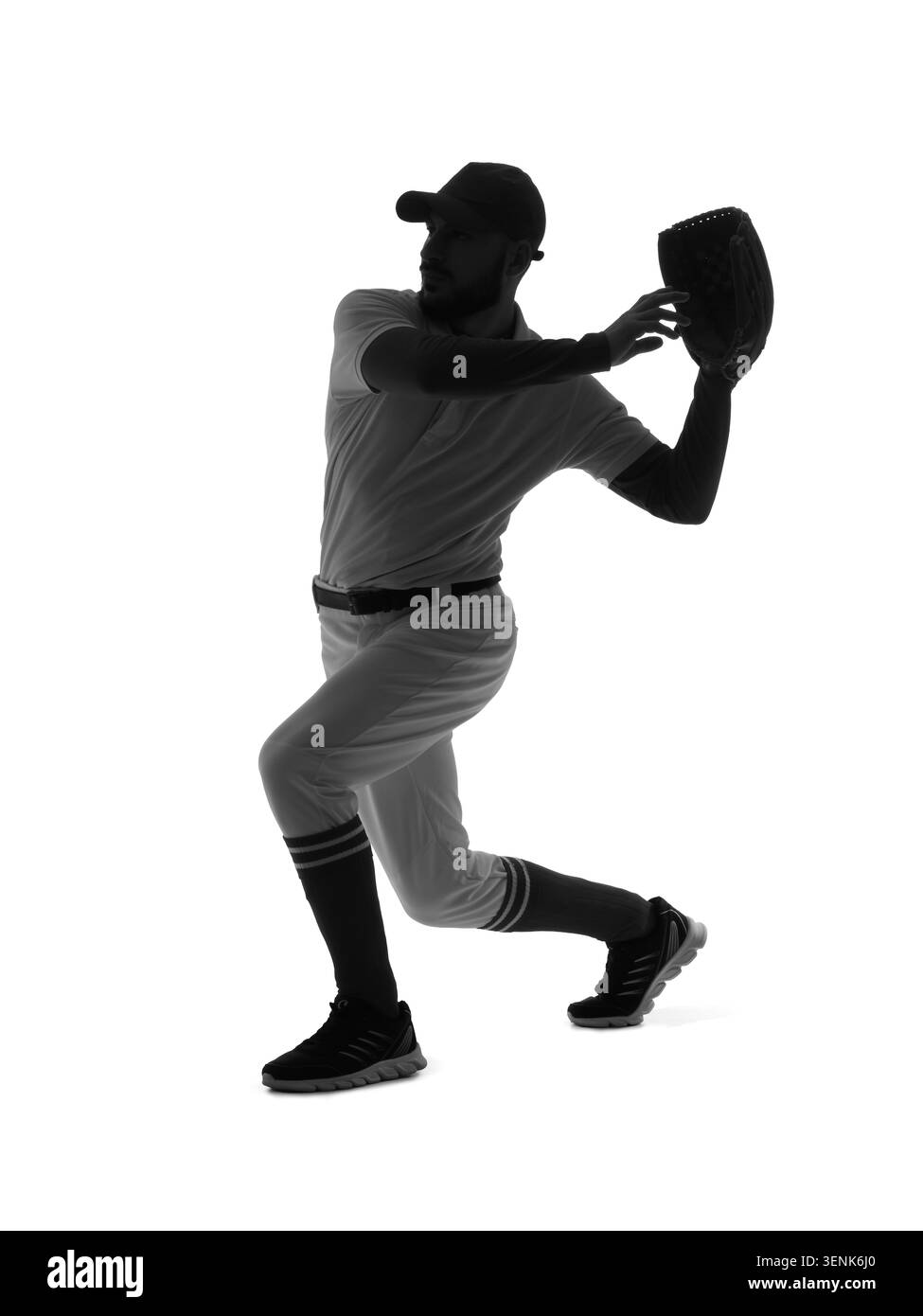 Silhouette da giocatore di baseball che cattura palla con guanto, azione sportiva professionale, isolata su sfondo bianco Foto Stock