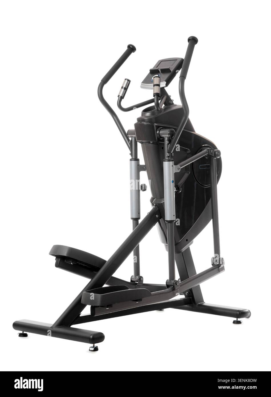 Moderna macchina ellittica nera per il fitness e l'allenamento cardio in palestra, macchina per esercizi isolata su sfondo bianco Foto Stock