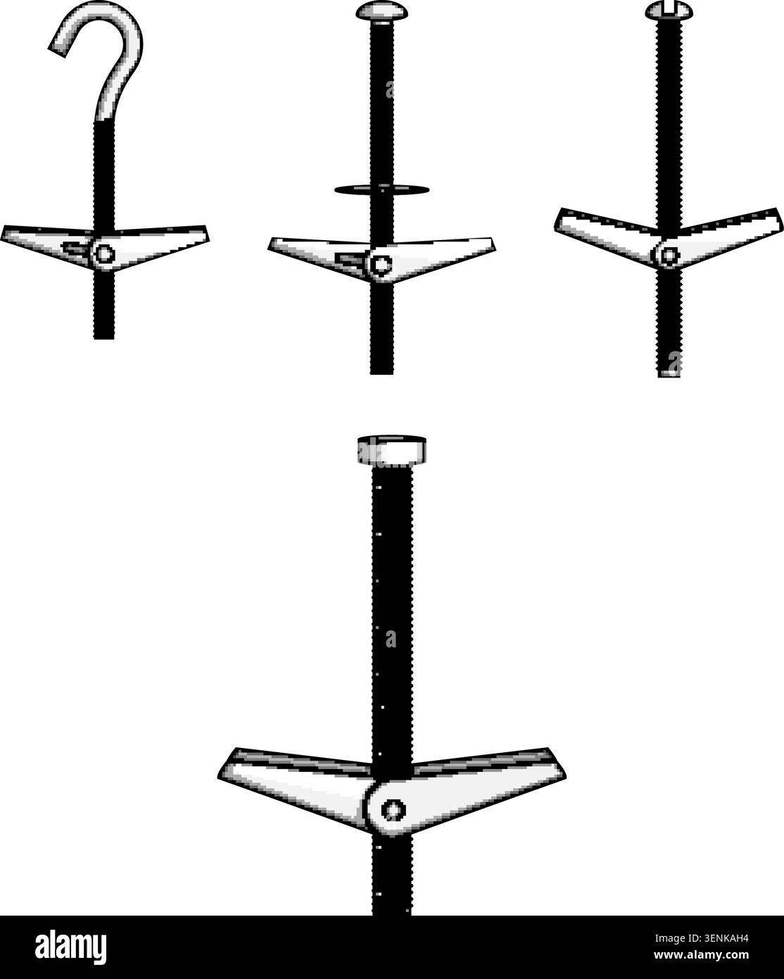 Vari bulloni a ginocchiera e ancoraggi a parete con diversi tipi di ganci e viti, fornendo soluzioni di fissaggio sicure per pareti cave e soffitti Illustrazione Vettoriale
