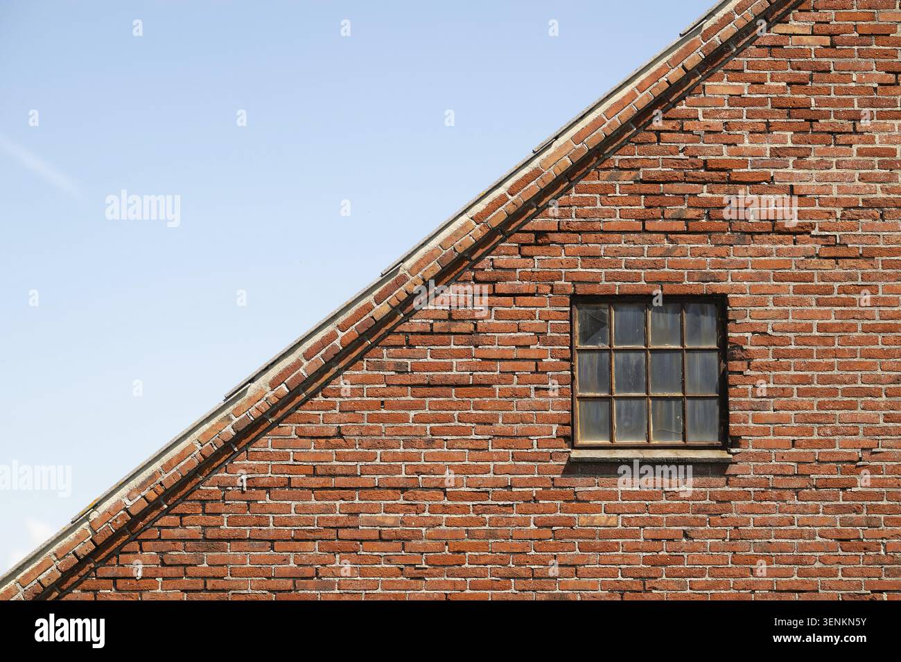 Tetto e parete con finestra a reticolo, vecchia casa in mattoni, fattoria, Sortebaerdalen Strand, Houvig, mare del Nord, Danimarca Foto Stock