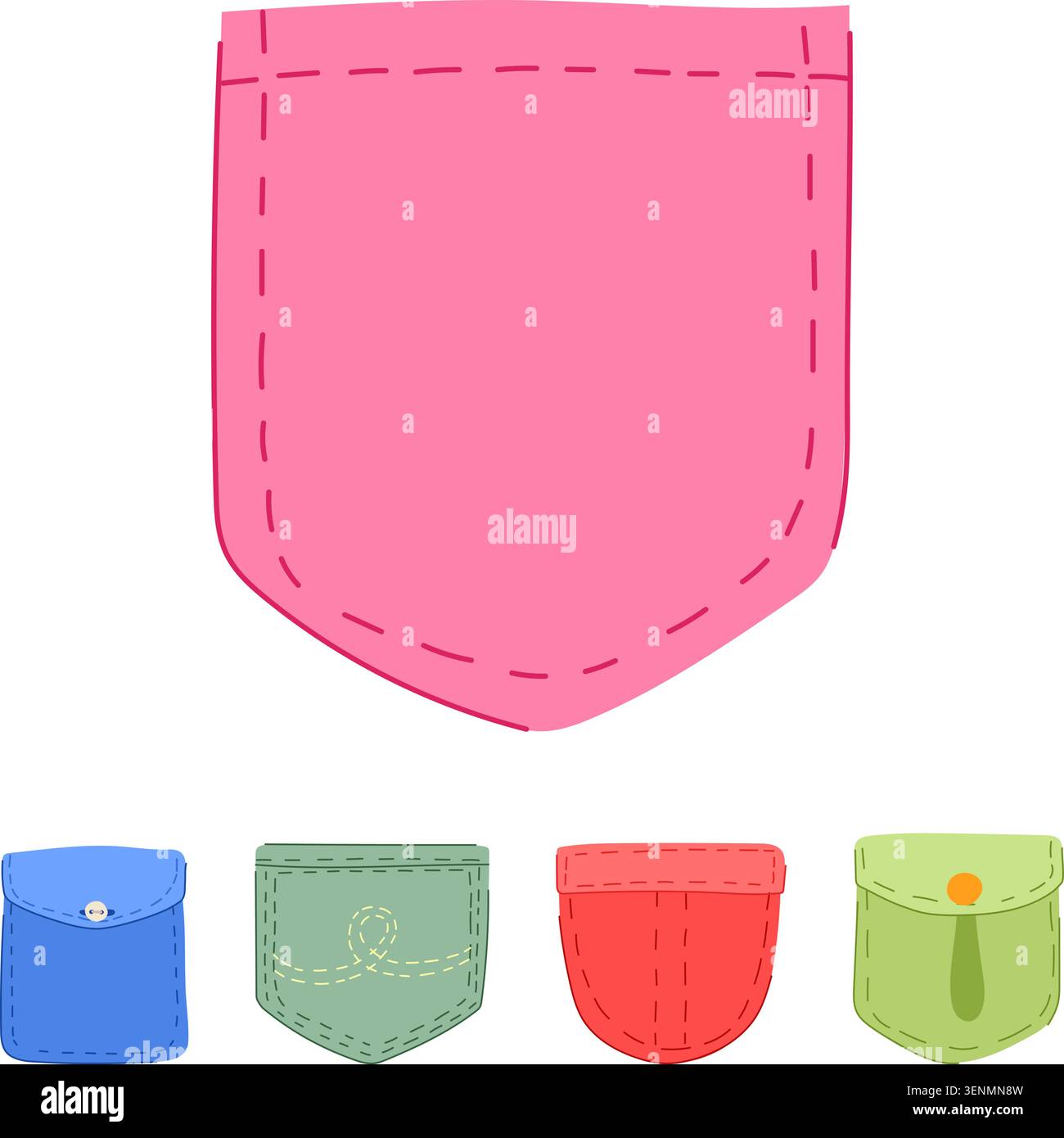 Collezione colorata di varie tasche in tessuto con diverse forme, cuciture e chiusure, per creare un'illustrazione versatile e utile per g Illustrazione Vettoriale