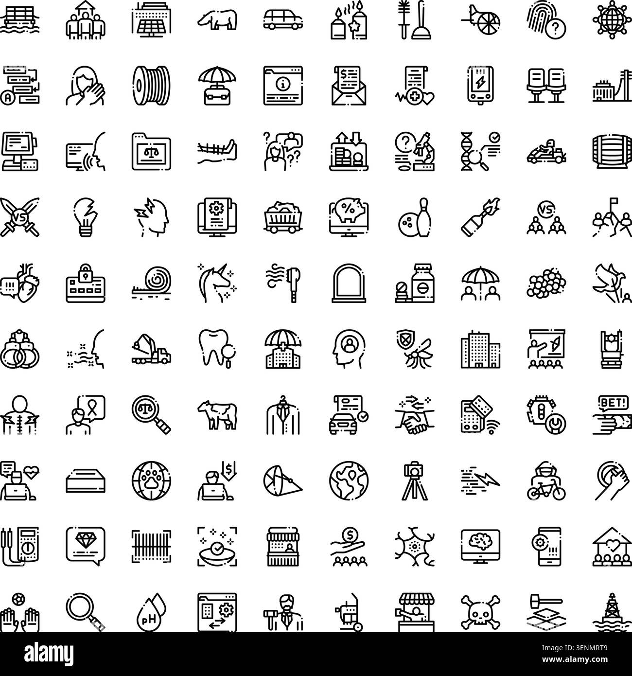 Ampia serie di pittogrammi illustrativi che illustrano concetti relativi al business, alla finanza, alla salute, alla tecnologia, alla natura, e la vita quotidiana sulla schiena bianca Illustrazione Vettoriale