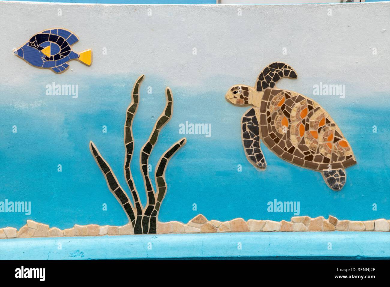 Mosaici SEA LIFE con pesci, tartarughe e alghe sulle pareti all'esterno dei bagni pubblici, Queens Street, Speightstown, Barbados Foto Stock