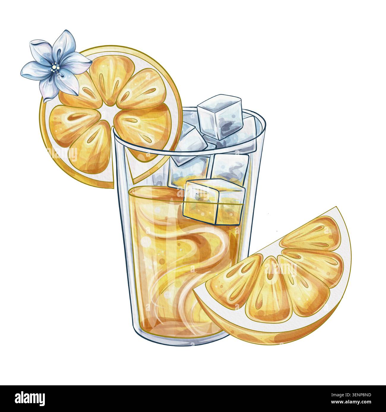 Composizione in vetro limonato Acquerello Clipart, succo di limone fresco con cubetti di ghiaccio, fetta di agrumi e illustrazione di limone intero per il design estivo Foto Stock
