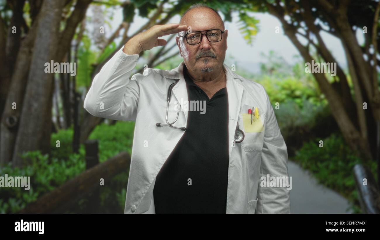 Uomo medico in camice bianco saluta con mano destra alla fronte, stetoscopio visibile, penne in tasca, in piedi sul sentiero nella foresta; rispettoso. Foto Stock