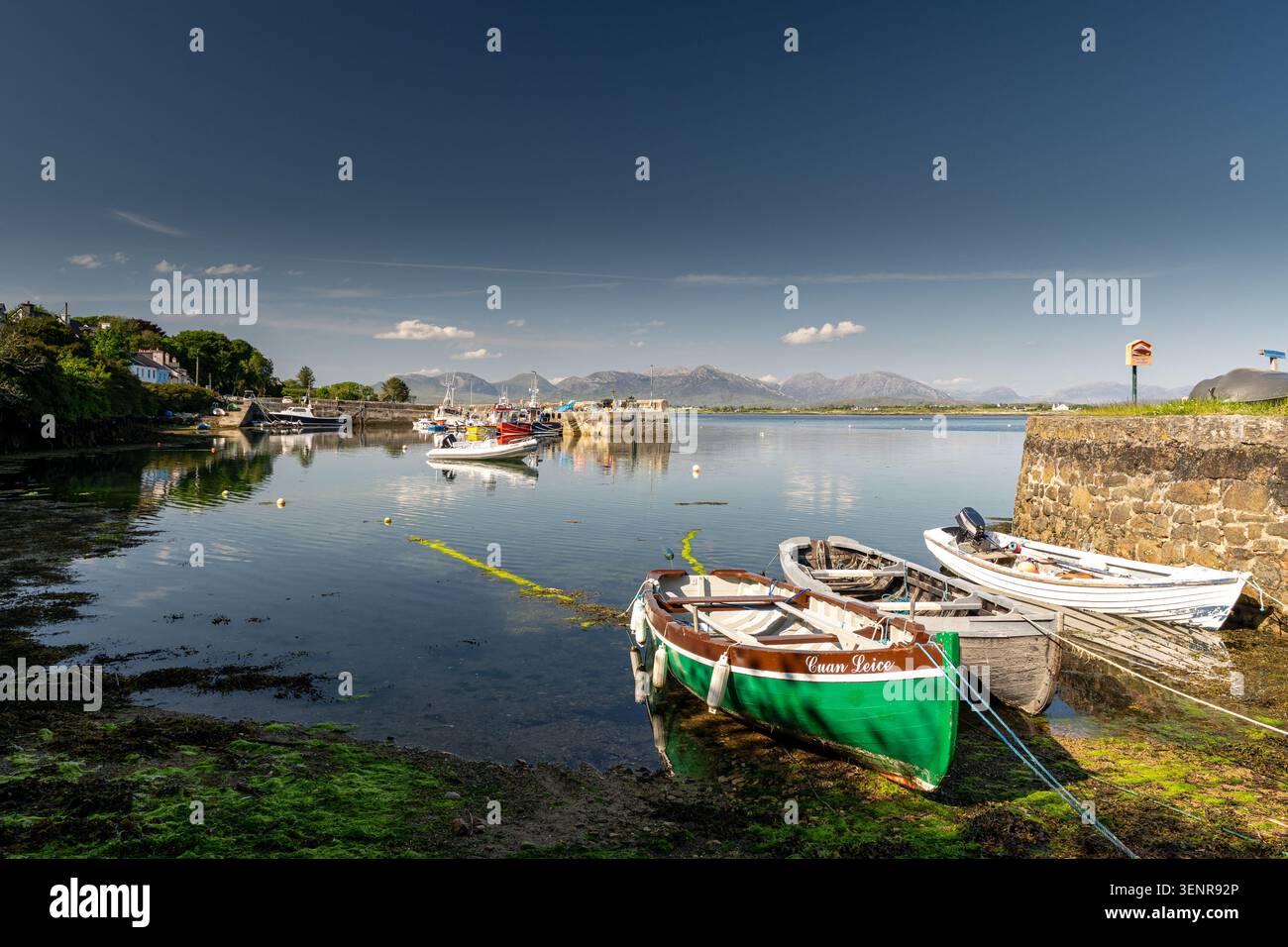 Barche che poggiano sul fondo del porto durante la bassa marea presso il molo di Roundstone con la catena montuosa Twelve Bens sullo sfondo Connemara Ireland Foto Stock