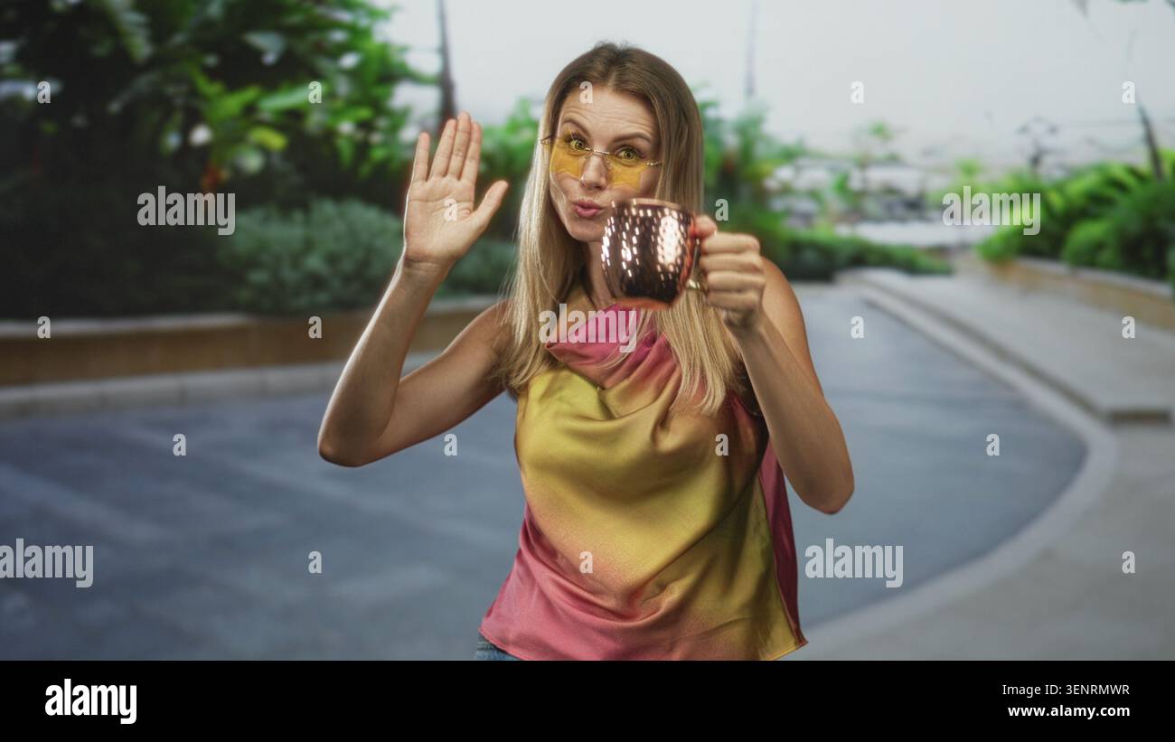 La donna ondeggia la mano tenendo la tazza di rame e gli occhiali da sole gialli, in piedi sul passaggio pedonale dell'edificio vicino alle piante sorridendo; un saluto allegro. Foto Stock
