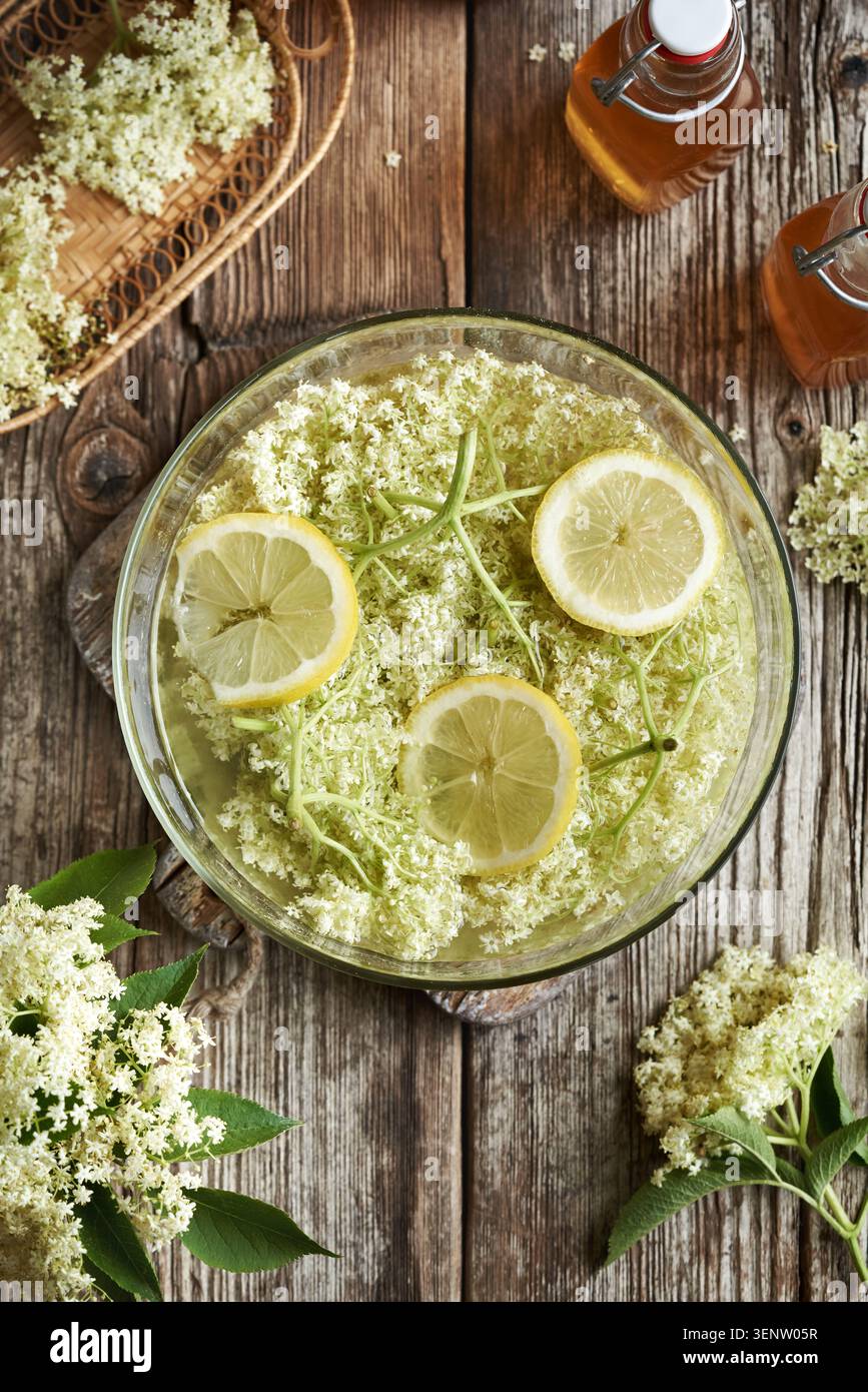 Preparazione di sciroppo alle erbe fatto in casa per tosse da fiori freschi di sambuco selvatico e limone, vista dall'alto. Medicina alternativa. Foto Stock