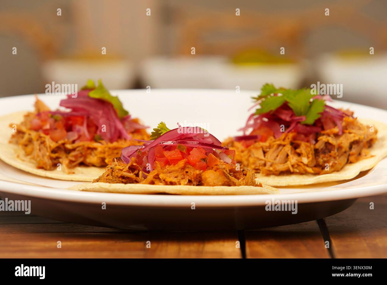 Gustosi tacos succosi con carne di maiale sfilacciata, salsa e cipolla marinata Foto Stock