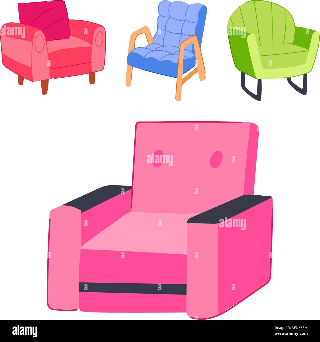 Collezione di poltrone dal design moderno in colori vivaci, che offrono diverse opzioni di posti a sedere per mobili di casa, interni di design e comode poltrone Illustrazione Vettoriale